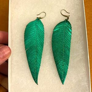Real leather feather shiny green handmade earrings